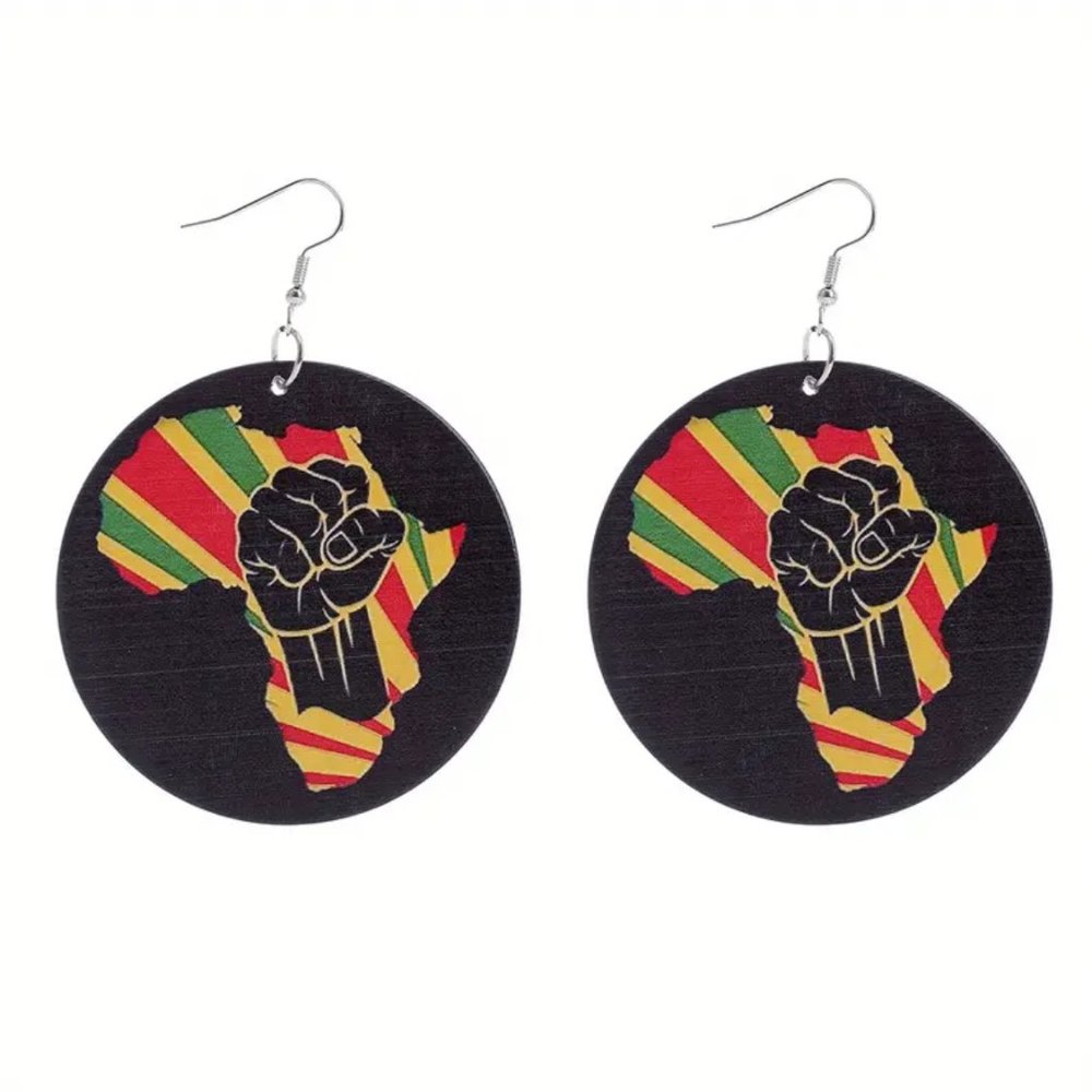 Fist inside of Africa Wood Earrings Round Juneteenth Black History Month BHM
